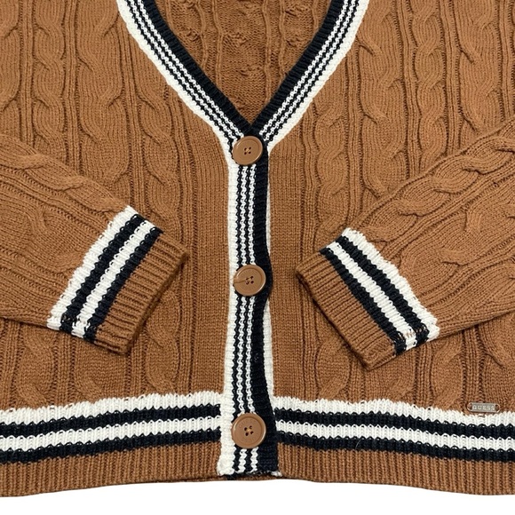 Guess Brown Cable Knit Cardigan with Striped Trim Size M NWOT Grannycore Fall - Picture 3 of 6